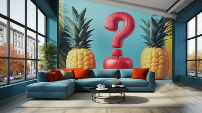 A pineapple is sitting on top of an apple, with a question mark in the middle Wall mural