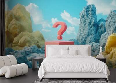 A red cube is placed on a rocky surface with a question mark in the middle Wall mural