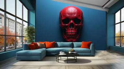 A red skull is shown on a blue background Wall mural