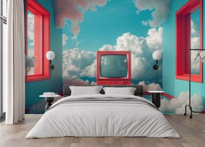 A red television is sitting in a room with a blue wall and red trim Wall mural