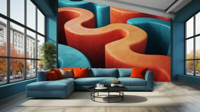 A series of orange and blue shapes that are arranged in a curved line Wall mural