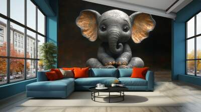 A small elephant statue is sitting on a wooden surface Wall mural