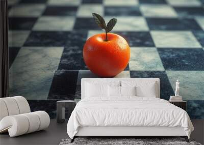 A small orange apple is sitting on a checkered floor Wall mural