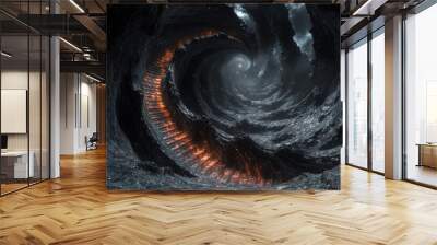 A spiral shaped tunnel with a fire in the middle Wall mural