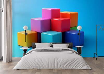 A stack of colorful blocks on a blue background Wall mural