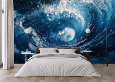 A swirling blue wave with water droplets in the air Wall mural