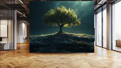 A tree is standing on a rocky hillside in the dark Wall mural