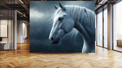 A white horse with a long mane and tail is standing in a snowy field Wall mural