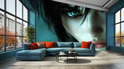 A woman with dark hair and blue eyes is staring at the camera Wall mural