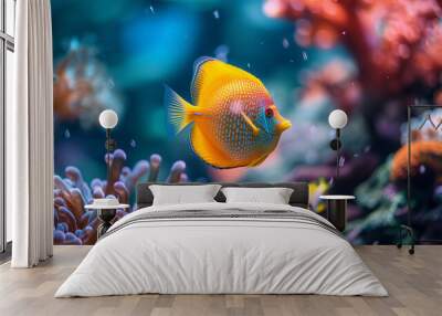 Bright tropical fish swimming among coral reef in the underwater world.	 Wall mural