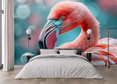 Close-up of a vibrant pink flamingo with a detailed view of its eye and feathers.	 Wall mural