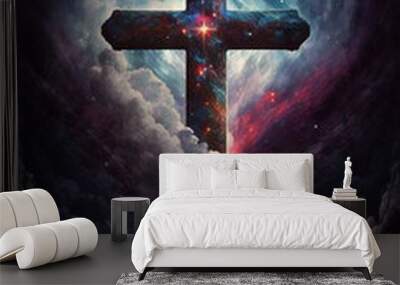 Cross in front of the universe. Generative AI.
 Wall mural