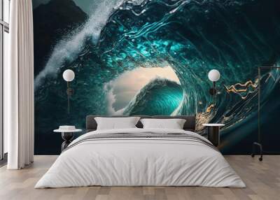 Inside of a perfect smooth wave, turquoise water. Generative AI.  Wall mural