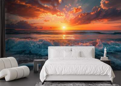 The ocean is calm and the sun is setting, creating a beautiful Wall mural