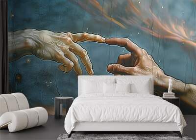 The painting depicts the moment when the hands of two people touch. AI. Wall mural