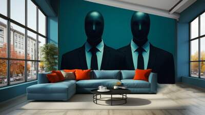 Two men in suits with ties stand facing each other in a dark room Wall mural