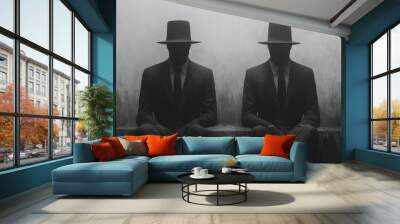 Two men wearing black suits and hats sit on a bench Wall mural