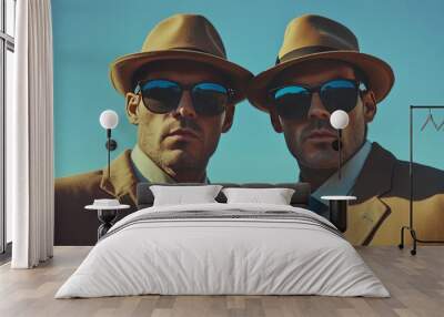 Two men wearing hats and sunglasses are standing next to each other Wall mural