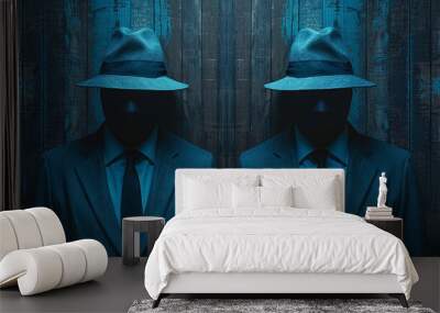 Two men wearing suits and hats stand in front of a wooden wall Wall mural