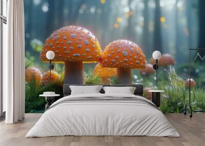 Two orange mushrooms are on a green field Wall mural