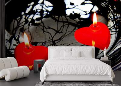 Two red candles in water with black and white abstract background Valentines day concept. Wall mural