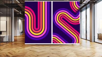 retrofuturism poster design in trend retro line style and neon colors on black dark background. modern art wall poster retro vintage 70s style stripes background template lines shapes vector design Wall mural