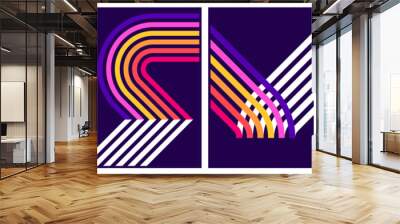 retrofuturism poster design in trend retro line style and neon colors on black dark background. modern art wall poster retro vintage 70s style stripes background template lines shapes vector design Wall mural