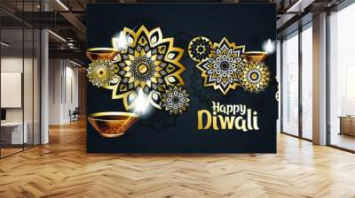 Vector illustration. traditional celebration of happy diwali. Deepavali light and fire festival. black gold luxury style for indian holiday diwali design frame. Sanskrit translation: Diwali. Wall mural