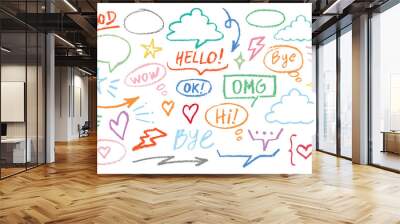 set of colorful speech bubbles with chalk texture in doodle effect and words hello wow bye omg hi ok Wall mural