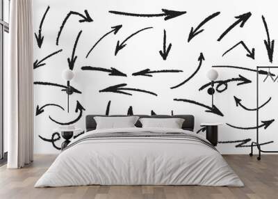 set of different arrow shapes with chalk texture on black hand drawn doodle effect for design in pre Wall mural