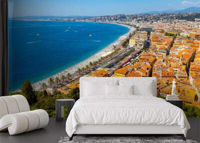 Nice panorama with Vieille Ville old town district, Promenade des Anglais boulevard and beach at French Riviera of Mediterranean Sea in France Wall mural