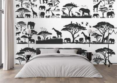 African safari animals and tree silhouette, Collection of African savannah animals among the trees. Wall mural