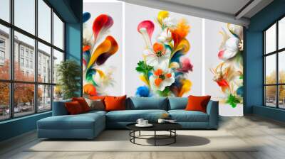 Bright spring flowers. A series of three paintings, multicolored watercolor in bright colors. Surreal bouquets of flowers. Wall mural