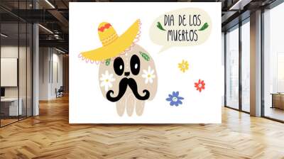 Day of the dead funny greeting banner with sugar skull in sombrero with mustaches and Dia de los Muertos lettering.  Wall mural