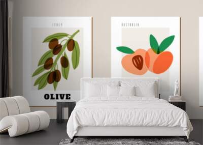 Exotic fruit art print, vegan, vegetarian food, kitchen poster set. Papaya, peach or apricot, olives, oranges wall art. Wall mural