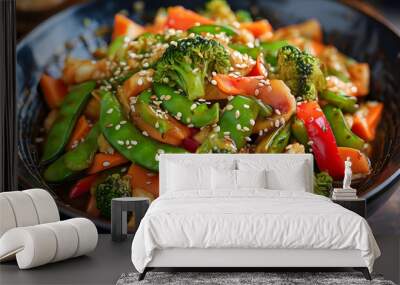 A bowl of vibrant vegetable stir-fry with bell peppers, snap peas, carrots, and broccoli, tossed in a savory teriyaki sauce and sprinkled with sesame seeds. Wall mural