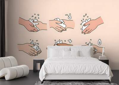 A minimalist infographic with illustrations of proper handwashing steps, symbolizing the global campaign for hand hygiene. (indicates World Handwashing Day).
   Wall mural