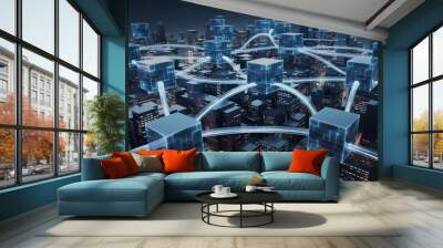 A network of floating cubes made of data streams, interlocking over a digital cityscape, symbolizing the building blocks of business infrastructure. ( Business Concept ) Wall mural