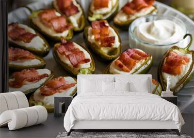 A serving of stuffed jalapeños with cream cheese and bacon, baked until golden and served with a side of sour cream on a white platter. Wall mural