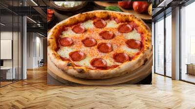 A thin-crust pepperoni pizza with a crispy golden crust, topped with melted mozzarella cheese and spicy pepperoni slices, served on a wooden pizza board. Wall mural