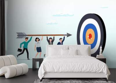 business man and woman, people help carry archery bow to hit target bullseye, aiming at target, reac Wall mural