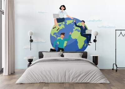 Business people sitting around world map on globe working with online computer, work from anywhere around the world, remote working or freelance, international company or global business (Vector) Wall mural