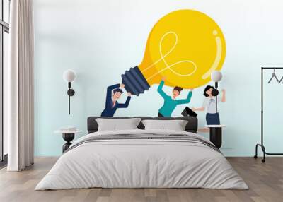 Business people teamwork help carry big smart light bulb innovation idea., innovation idea to drive team success, business innovative solution, invention help company achieve goal concept (Vector) Wall mural