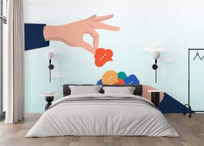 Businessman hand giving speech bubble feedback, opinion to manager, collect feedback, employee survey or customer advice, meeting idea or opinion for improvement, communication or discussion (Vector) Wall mural