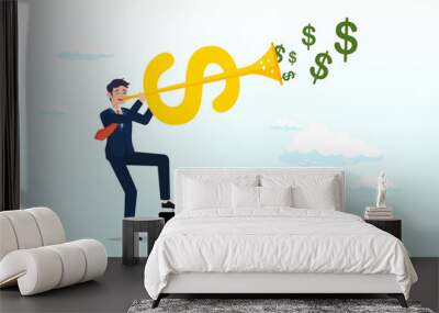 Businessman investor blow dollar money horn, investment opportunity, making money, profit or earning, FED central bank signal interest rate policy, financial stock market buy and sell signal (Vector) Wall mural