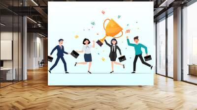 Businesswoman holding winning trophy with colleagues and employee celebrate success, success woman, female leadership, woman lead team to achieve goal, award winner concept (Vector) Wall mural