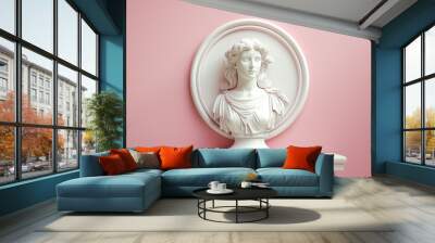 Bust of ancient Roman marble goddess on white gypsum stage podium on pink background. Antique art culture concept Wall mural