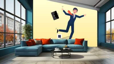 Clumsy businessman stumble with power cable electric plug falling on the floor, failure or mistake, accident or surprise problem that impact business (Vector) Wall mural