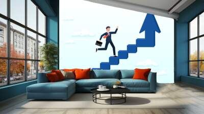 Confidence businessman step walking up stair of success with rising up arrow, improvement or career growth, stairway to success, growing income or improve skill to achieve business target (Vector) Wall mural