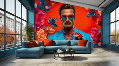 Fashionable pop art portrait of handsome man person in stylish blue blazer on blooming red floral background. Modern drawing painting poster of vintage retro people Wall mural